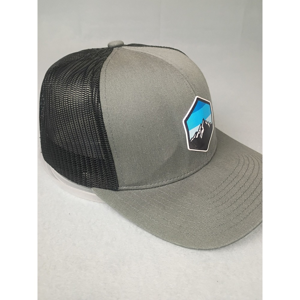 Pacific Headwear 104C Pro Model Trucker Hat Gray Black Mountain Patch Snapback
